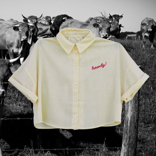 "Howdy!" Button Down Crop - Intrigue Ink Visit Bozeman, Unique Shopping Boutique in Montana, Work from Home Clothes for Women