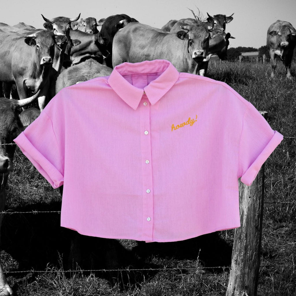"Howdy!" Button Down Crop - Intrigue Ink Visit Bozeman, Unique Shopping Boutique in Montana, Work from Home Clothes for Women
