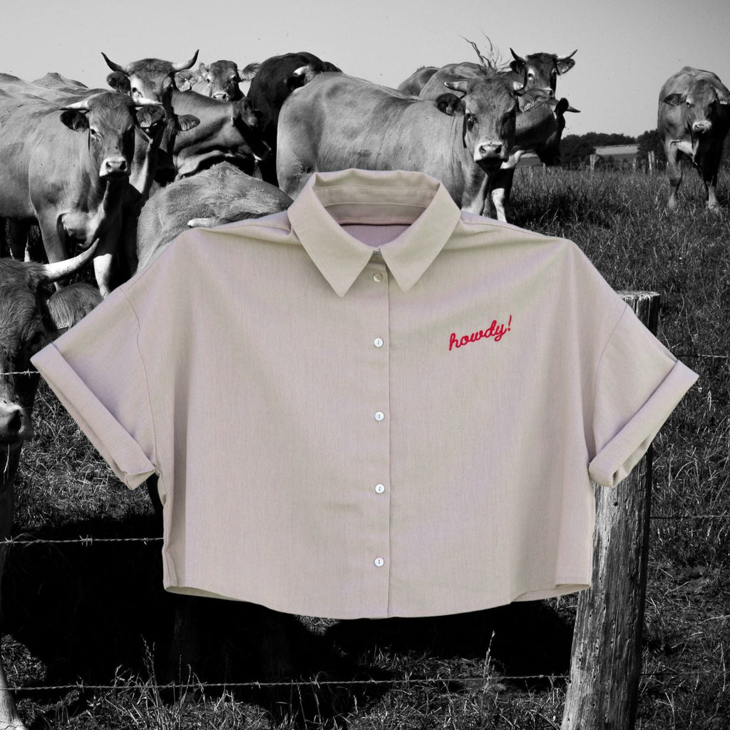 "Howdy!" Button Down Crop - Intrigue Ink Visit Bozeman, Unique Shopping Boutique in Montana, Work from Home Clothes for Women