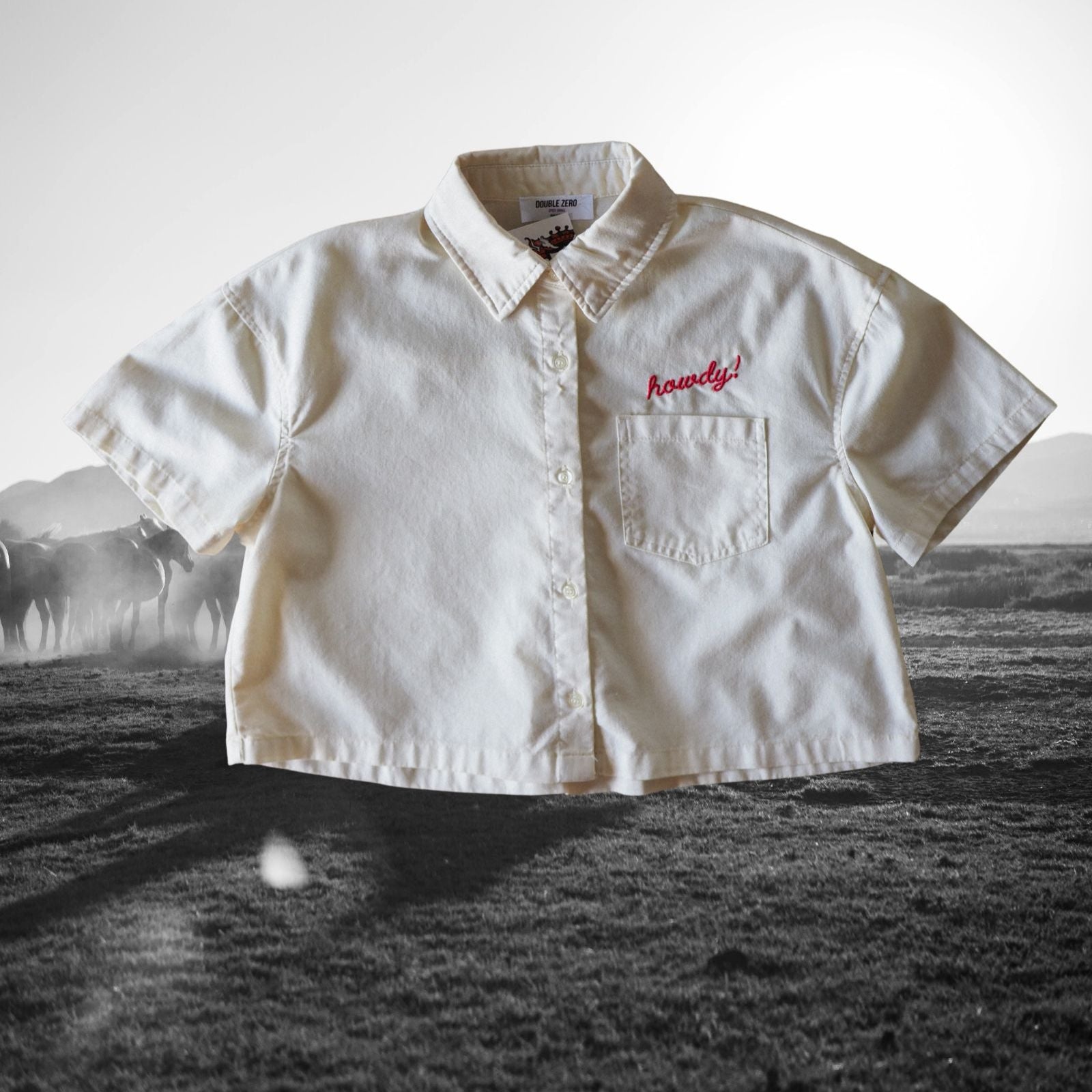 "Howdy!" Button Down Pocket Crop - Intrigue Ink Visit Bozeman, Unique Shopping Boutique in Montana, Work from Home Clothes for Women