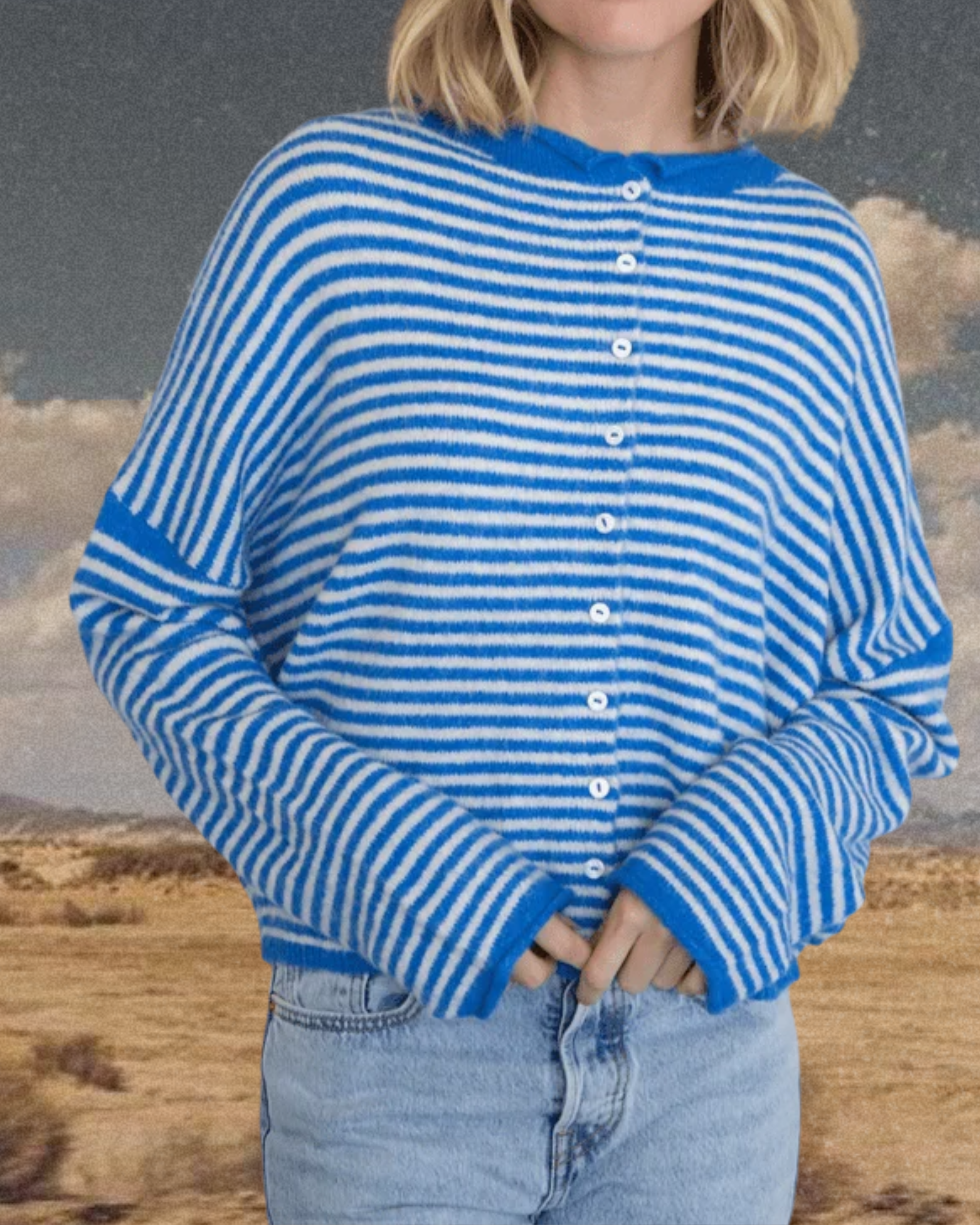 Striped Button Up Cardigan - Blue