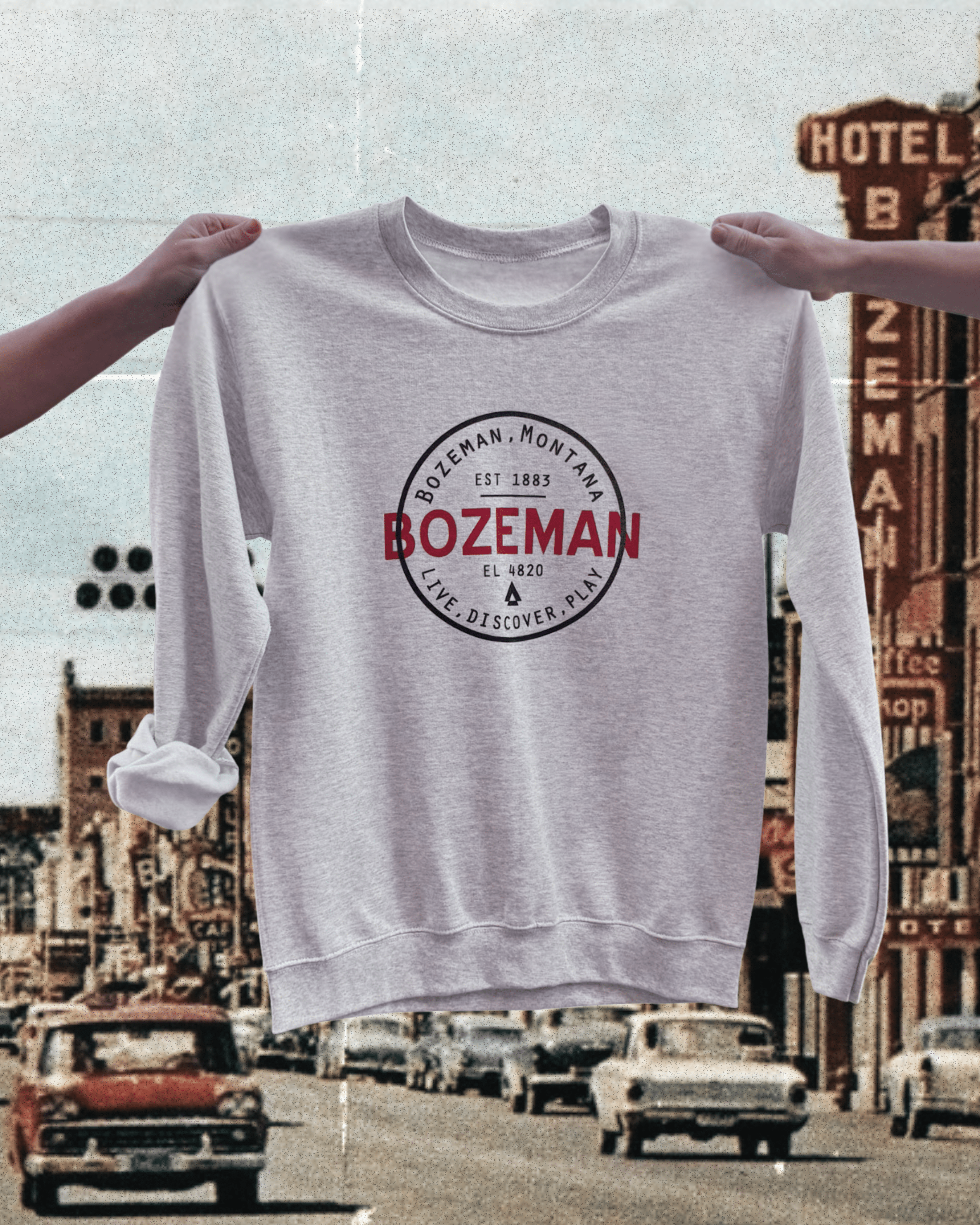 "Bozeman Stamp" Pullover - Intrigue Ink Visit Bozeman, Unique Shopping Boutique in Montana, Work from Home Clothes for Women