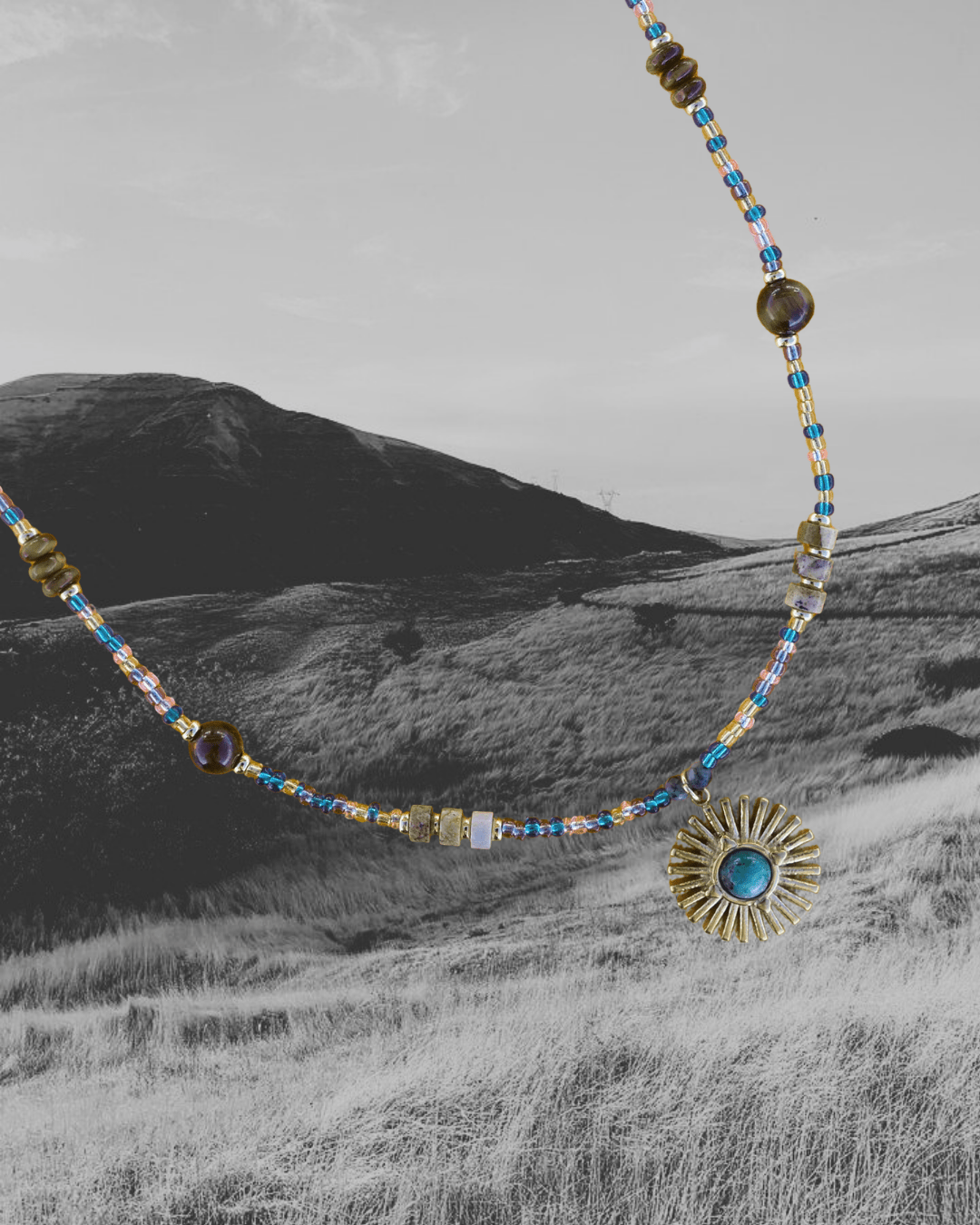 Golden Sun Charm Stone Beaded Necklace - Intrigue Ink Visit Bozeman, Unique Shopping Boutique in Montana, Work from Home Clothes for Women