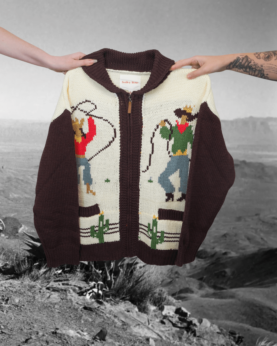 Western Lasso Zip-Up Sweater - Cream/Brown - Intrigue Ink Visit Bozeman, Unique Shopping Boutique in Montana, Work from Home Clothes for Women