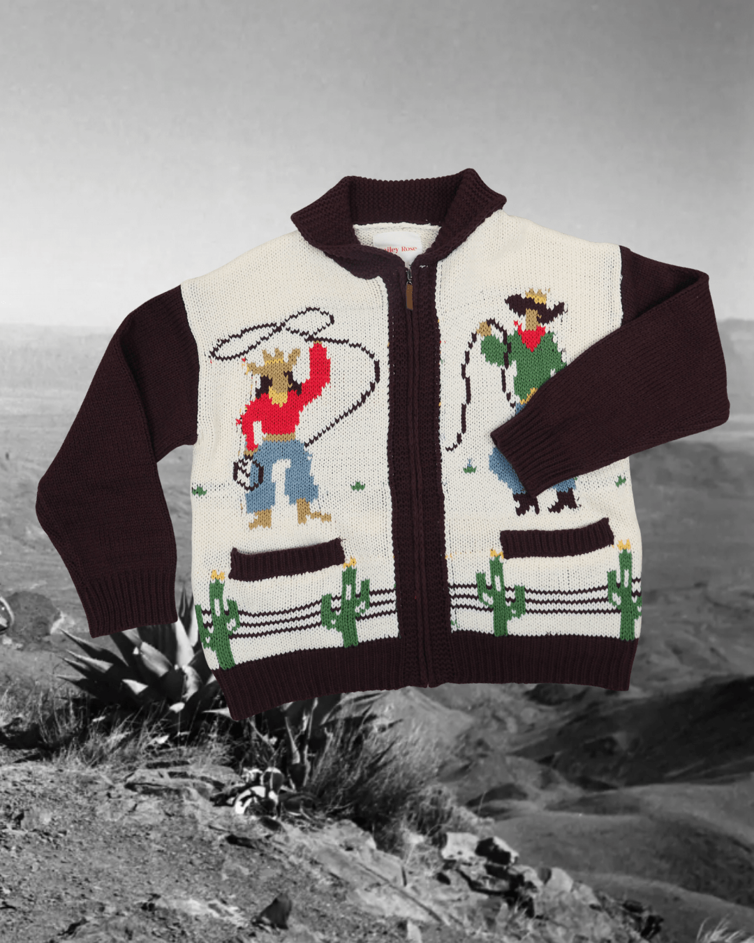 Western Lasso Zip-Up Sweater - Cream/Brown - Intrigue Ink Visit Bozeman, Unique Shopping Boutique in Montana, Work from Home Clothes for Women