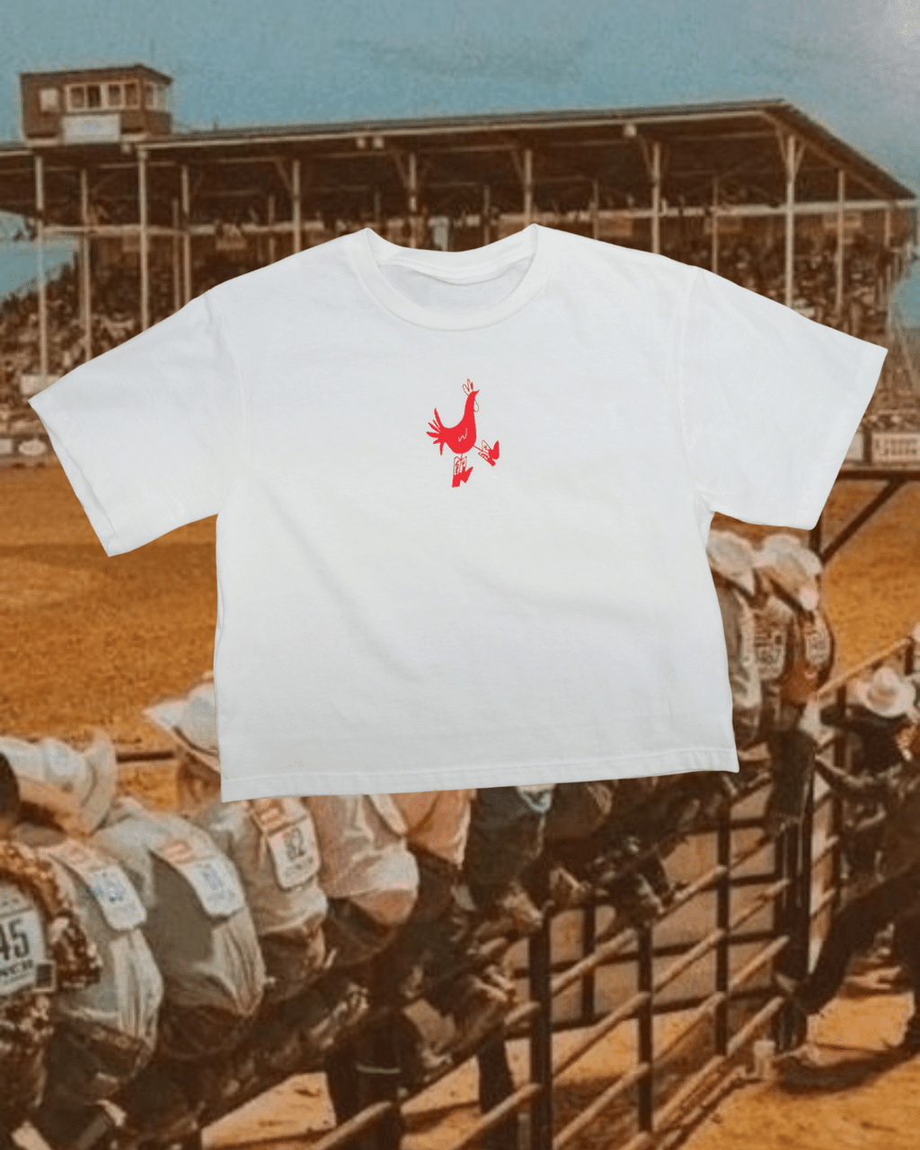 "Cowboy Chicken" Crop Tee in White - Intrigue Ink Visit Bozeman, Unique Shopping Boutique in Montana, Work from Home Clothes for Women