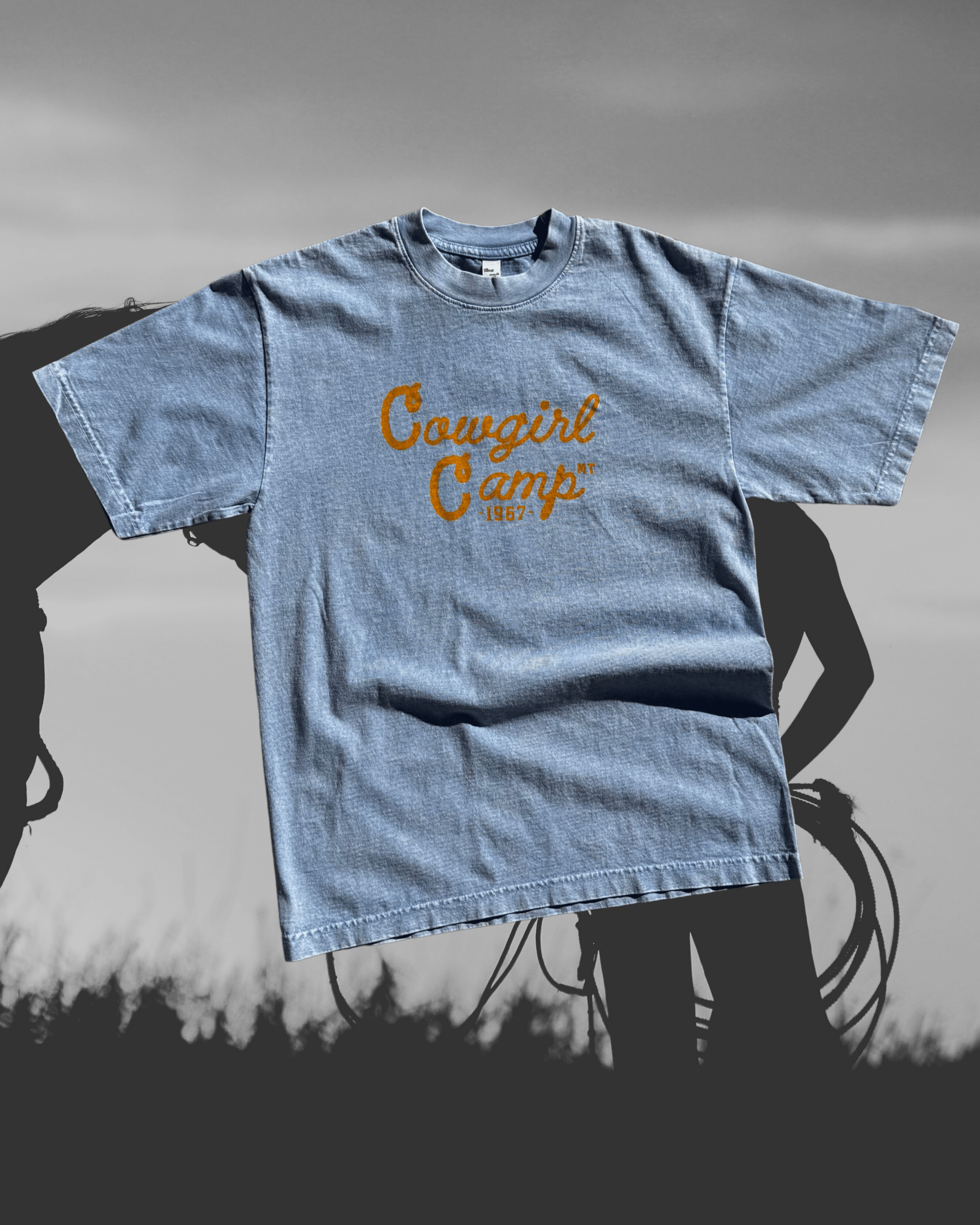 "Cowgirl Camp" Light Denim Tee - Intrigue Ink Visit Bozeman, Unique Shopping Boutique in Montana, Work from Home Clothes for Women