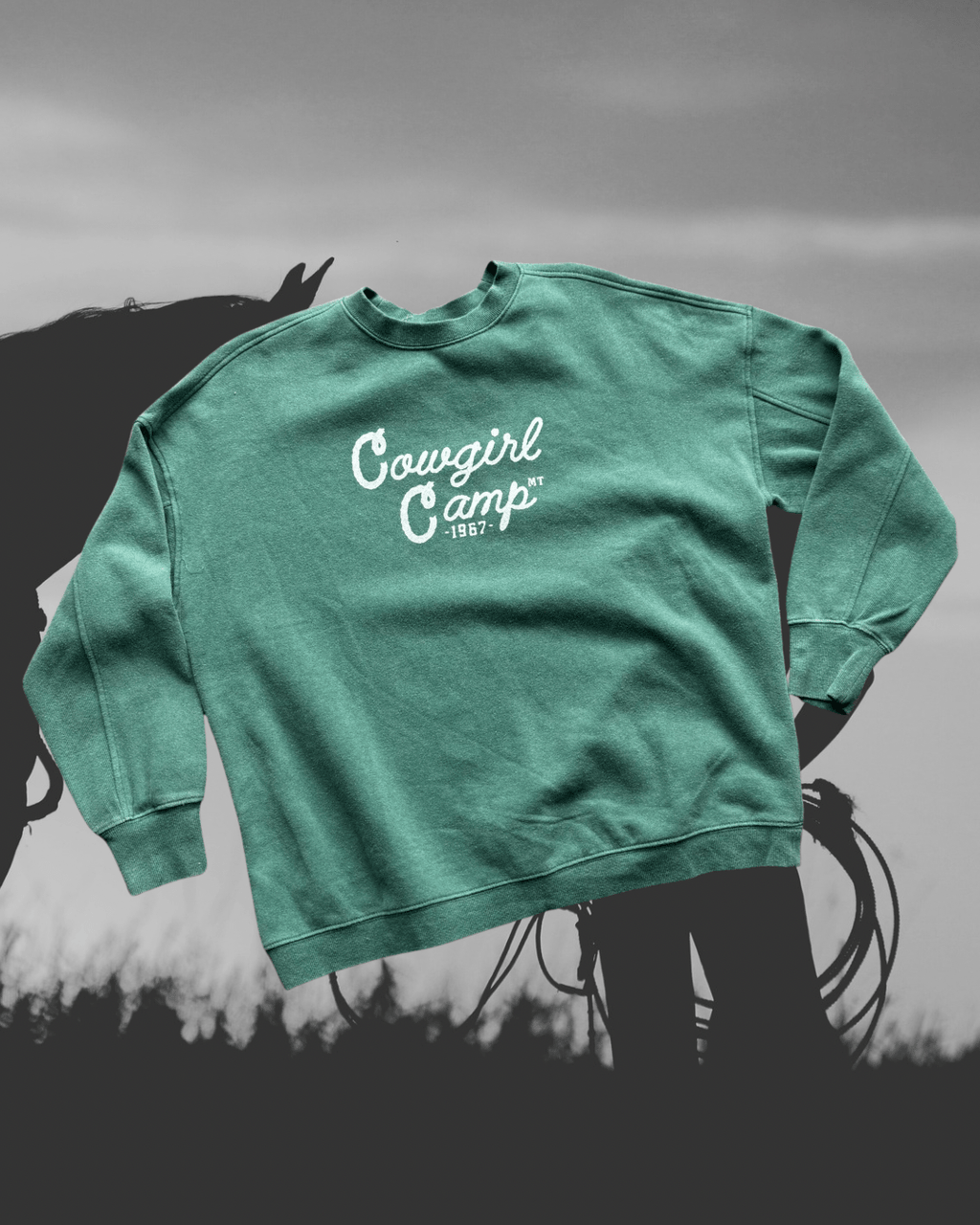 "Cowgirl Camp" Forest Green Pullover - Intrigue Ink Visit Bozeman, Unique Shopping Boutique in Montana, Work from Home Clothes for Women