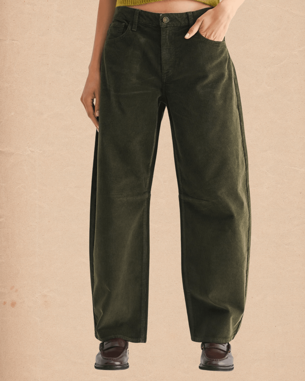 Dark Olive Corduroy Barrel Jean - Intrigue Ink Visit Bozeman, Unique Shopping Boutique in Montana, Work from Home Clothes for Women