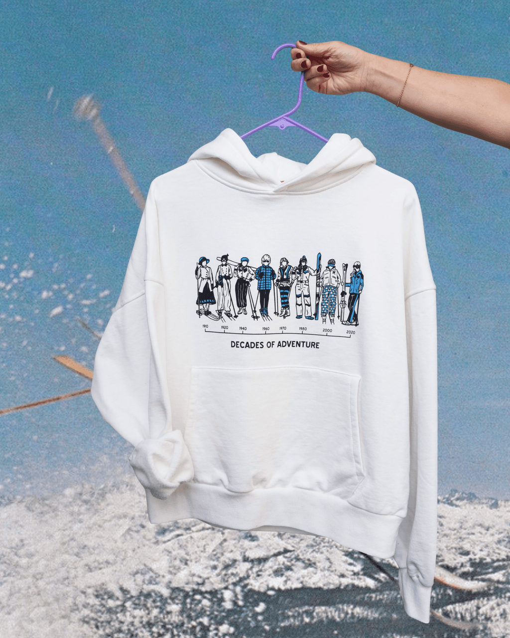 "Decades of Ski" Hoodie in White - Intrigue Ink Visit Bozeman, Unique Shopping Boutique in Montana, Work from Home Clothes for Women