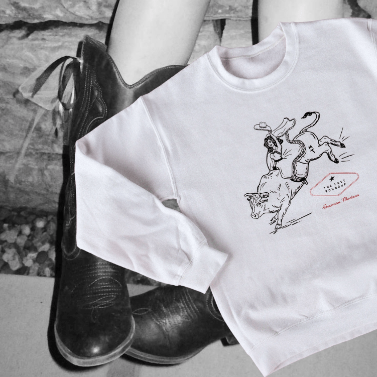 "Last Roundup" White Pullover - Intrigue Ink Visit Bozeman, Unique Shopping Boutique in Montana, Work from Home Clothes for Women