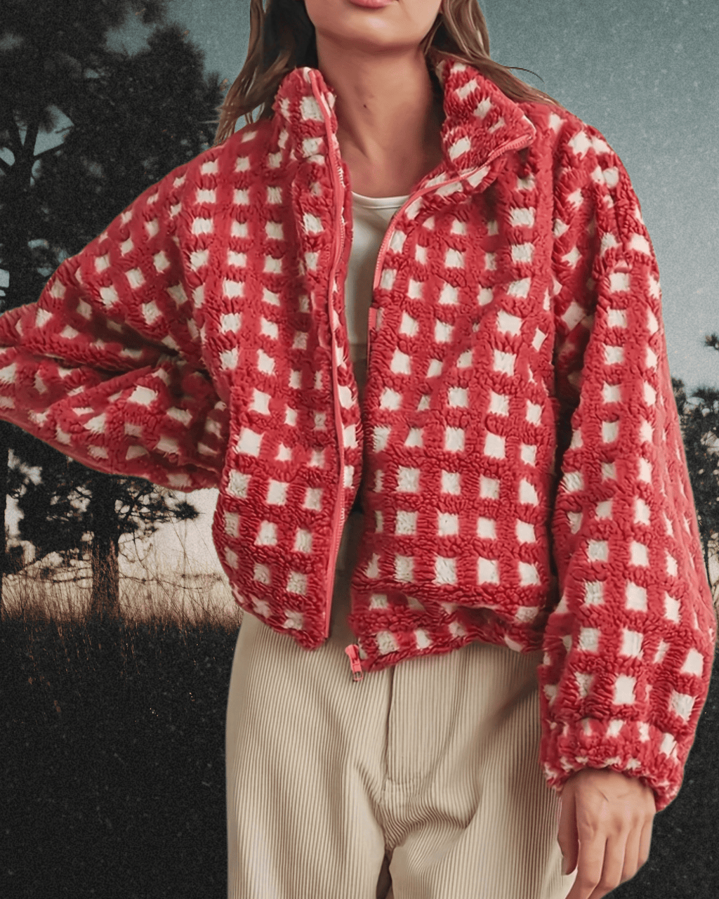Sherpa Checkerboard Jacket - Red/White - Intrigue Ink Visit Bozeman, Unique Shopping Boutique in Montana, Work from Home Clothes for Women