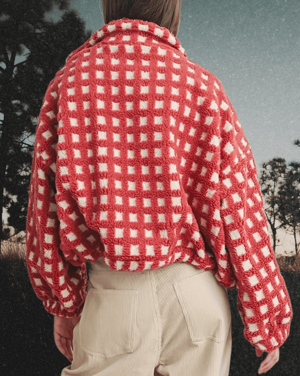 Sherpa Checkerboard Jacket - Red/White - Intrigue Ink Visit Bozeman, Unique Shopping Boutique in Montana, Work from Home Clothes for Women
