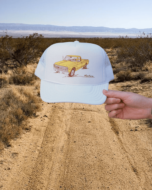 "Montana Chevy" White Trucker Hat - Intrigue Ink Visit Bozeman, Unique Shopping Boutique in Montana, Work from Home Clothes for Women
