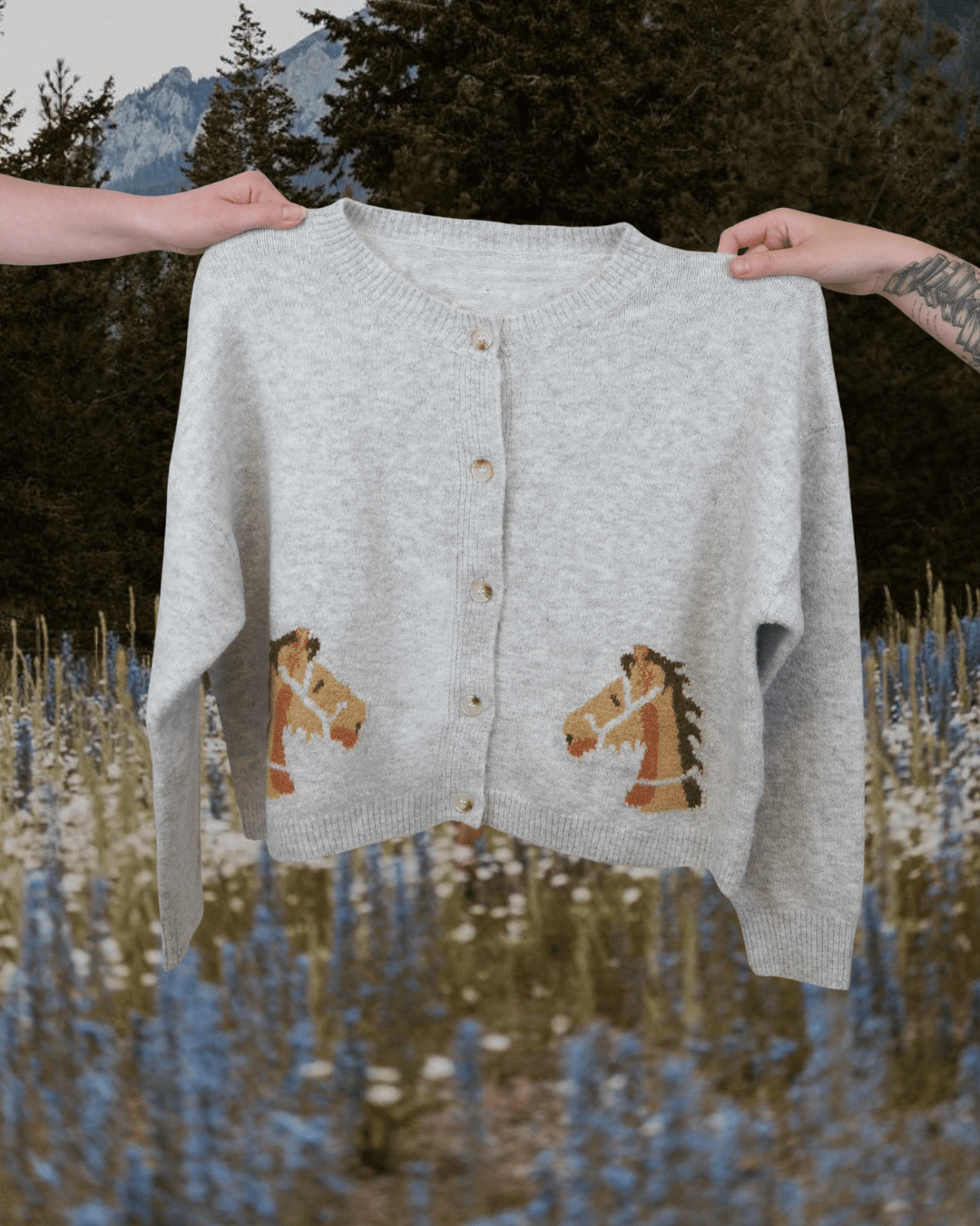Western Horse Button Up Crop Cardigan - Grey - Intrigue Ink Visit Bozeman, Unique Shopping Boutique in Montana, Work from Home Clothes for Women
