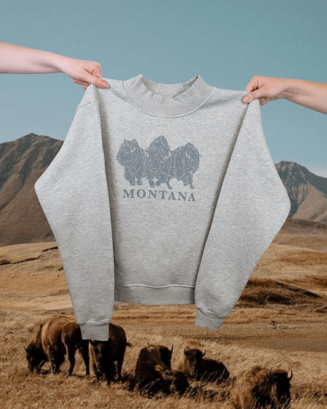 "Bison Power" Mock Neck Pullover in Grey - Intrigue Ink Visit Bozeman, Unique Shopping Boutique in Montana, Work from Home Clothes for Women