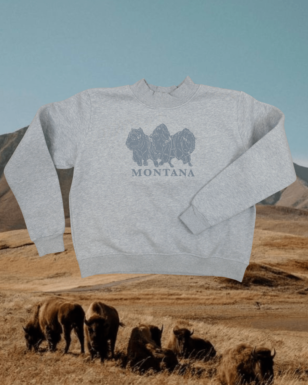 "Bison Power" Mock Neck Pullover in Grey - Intrigue Ink Visit Bozeman, Unique Shopping Boutique in Montana, Work from Home Clothes for Women