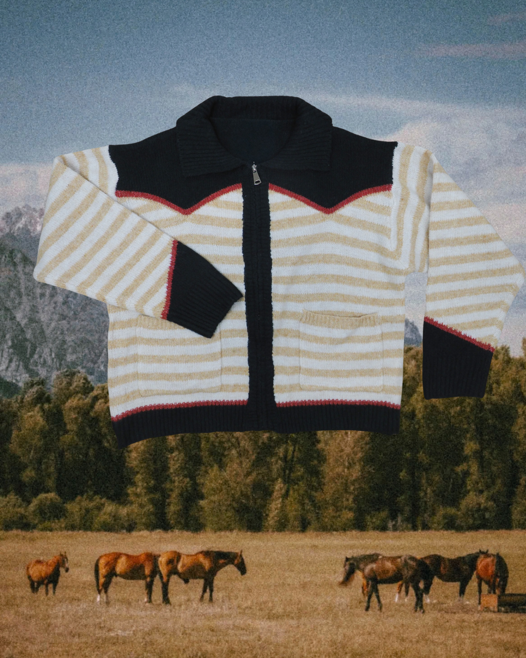 Stripe Zip Knit Sweater - Forest Green and Beige