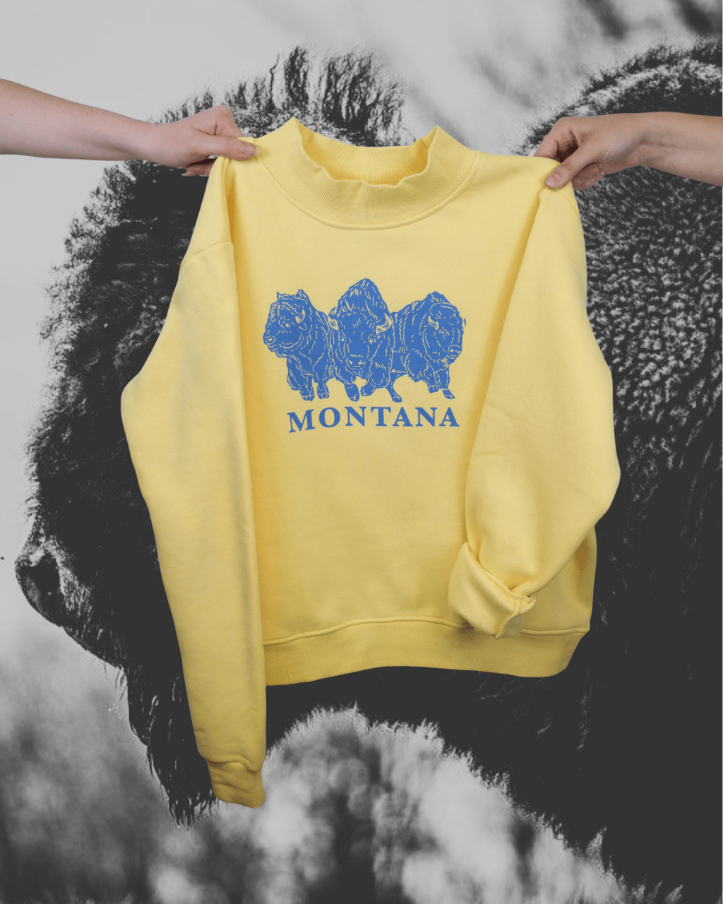 "Bison Power" Mock Neck Pullover in Yellow - Intrigue Ink Visit Bozeman, Unique Shopping Boutique in Montana, Work from Home Clothes for Women
