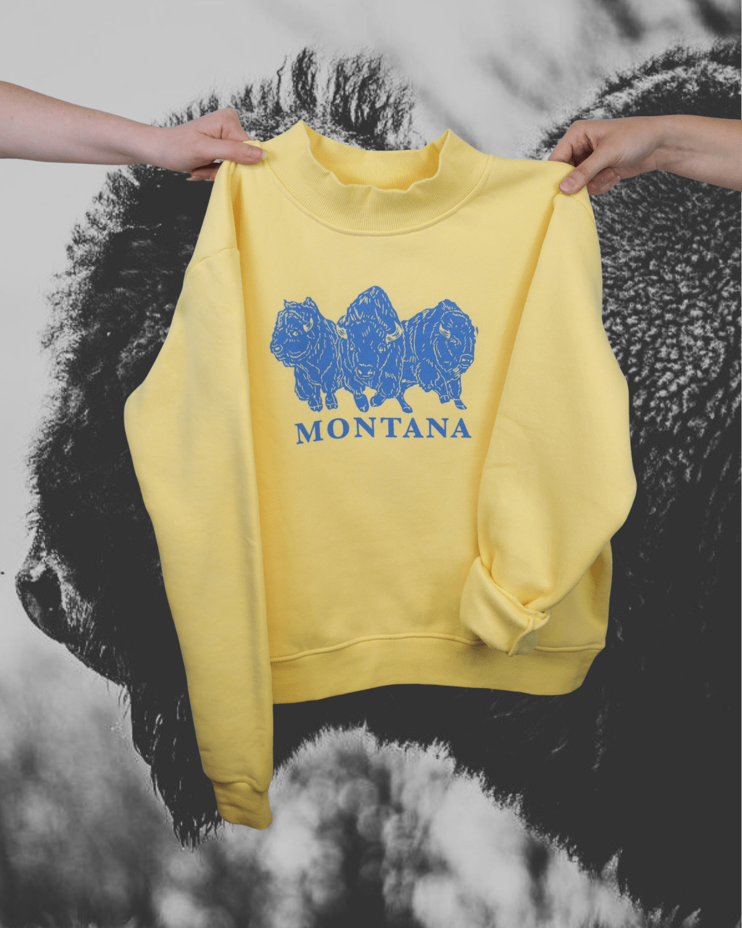 "Bison Power" Mock Neck Pullover in Yellow - Intrigue Ink Visit Bozeman, Unique Shopping Boutique in Montana, Work from Home Clothes for Women