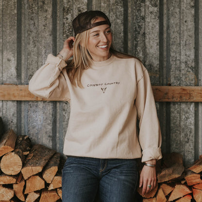 "Cowboy Country" Heavy Pullover in Beige - Intrigue Ink Visit Bozeman, Unique Shopping Boutique in Montana, Work from Home Clothes for Women