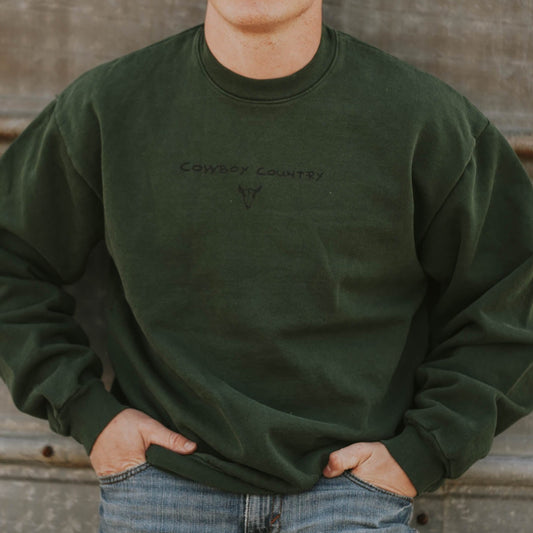 "Cowboy Country" Heavy Pullover in Ivy - Intrigue Ink Visit Bozeman, Unique Shopping Boutique in Montana, Work from Home Clothes for Women