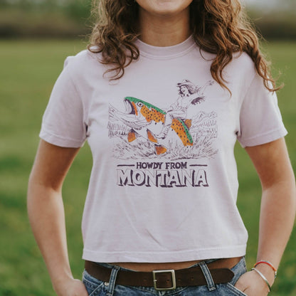 "Howdy From Montana" Crop Tee - Intrigue Ink Visit Bozeman, Unique Shopping Boutique in Montana, Work from Home Clothes for Women