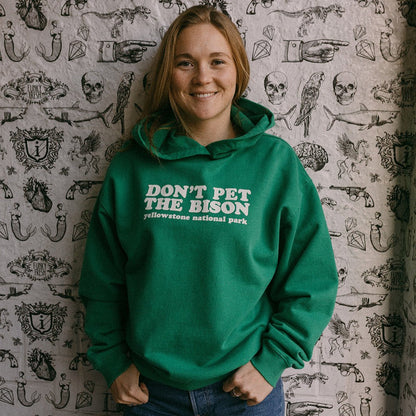 "Don't Pet The Bison" Bright Green Hoodie - Intrigue Ink Visit Bozeman, Unique Shopping Boutique in Montana, Work from Home Clothes for Women