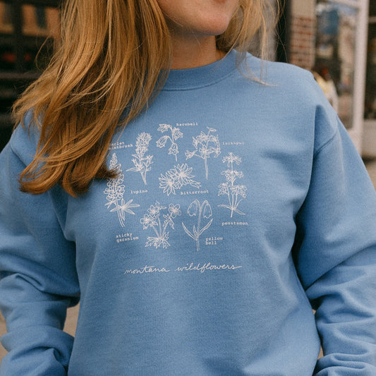"Montana Wildflowers" Blue Pullover - Intrigue Ink Visit Bozeman, Unique Shopping Boutique in Montana, Work from Home Clothes for Women