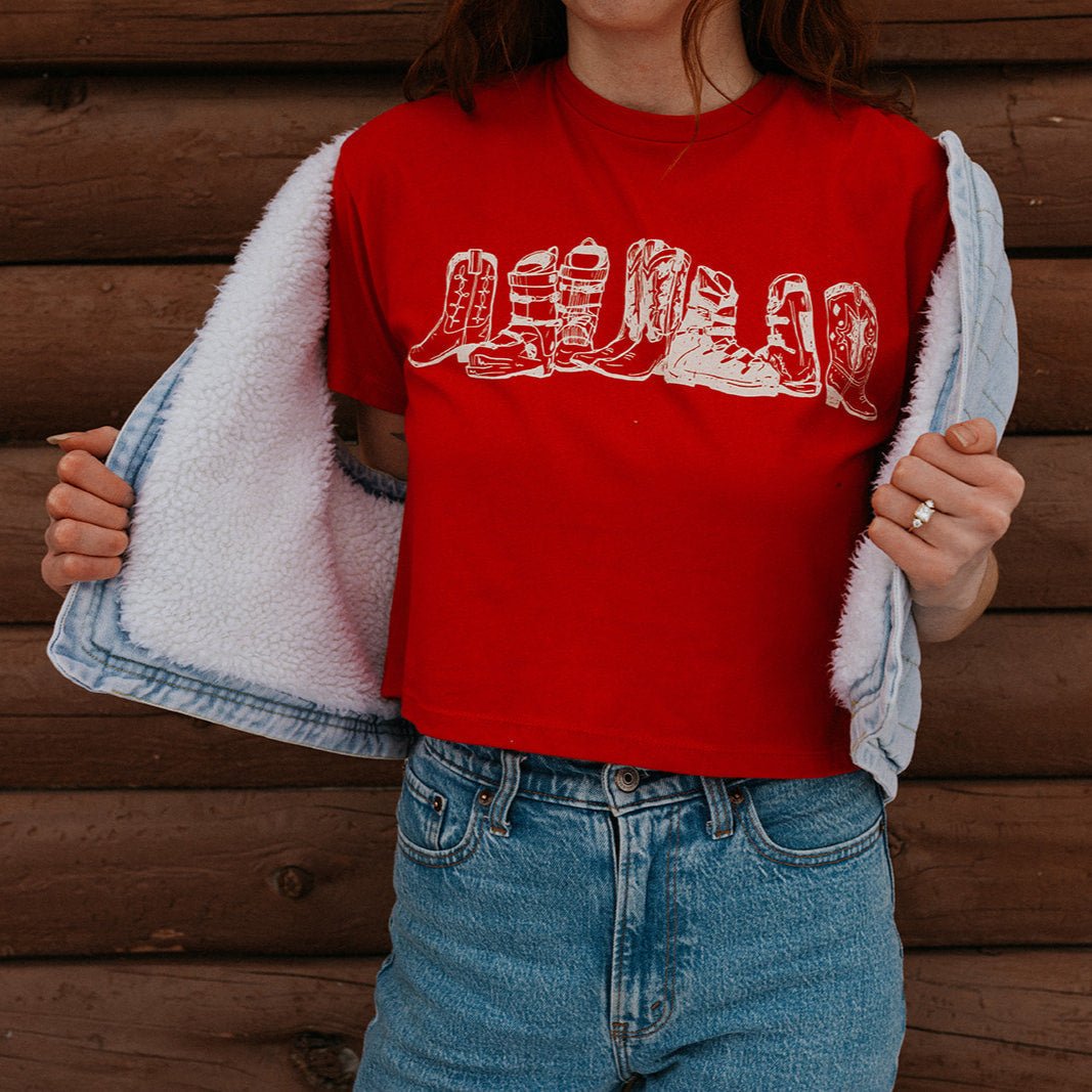 "Western Winter" Boxy Crop Tee - Intrigue Ink Visit Bozeman, Unique Shopping Boutique in Montana, Work from Home Clothes for Women