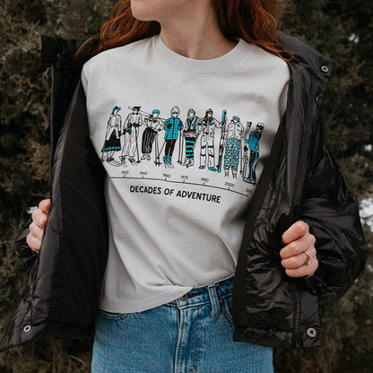 "Decades Of Ski Adventure" Boxy Tee - Intrigue Ink Visit Bozeman, Unique Shopping Boutique in Montana, Work from Home Clothes for Women