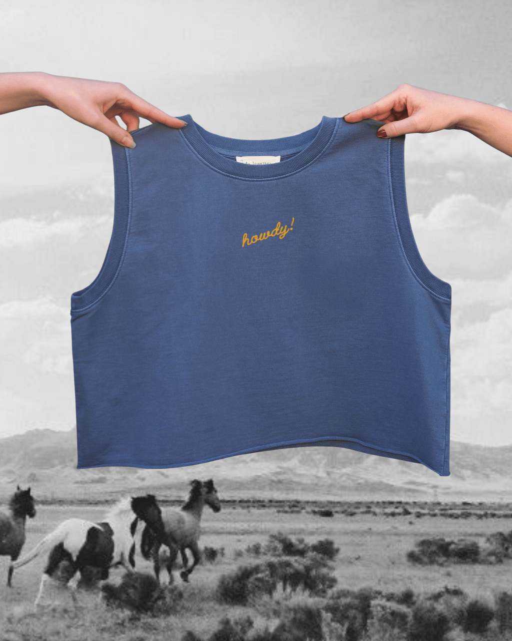 "Howdy!" Wide Tank in Denim - Intrigue Ink Visit Bozeman, Unique Shopping Boutique in Montana, Work from Home Clothes for Women