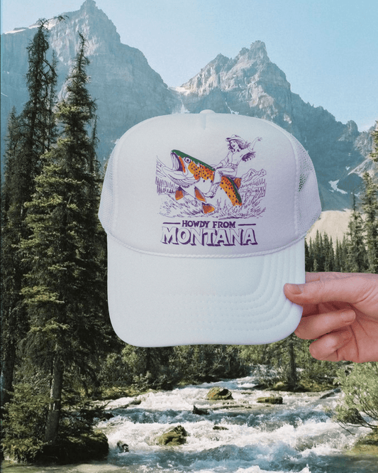 "Howdy from Montana" Trucker Hat - Intrigue Ink Visit Bozeman, Unique Shopping Boutique in Montana, Work from Home Clothes for Women
