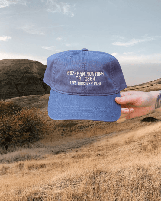 Bozeman, MT - Live Discover Play - Colored Dad Hats - Intrigue Ink Visit Bozeman, Unique Shopping Boutique in Montana, Work from Home Clothes for Women