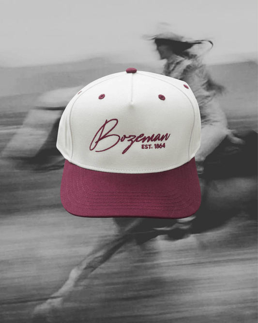 Bozeman Beige / Burgundy Hat - Intrigue Ink Visit Bozeman, Unique Shopping Boutique in Montana, Work from Home Clothes for Women