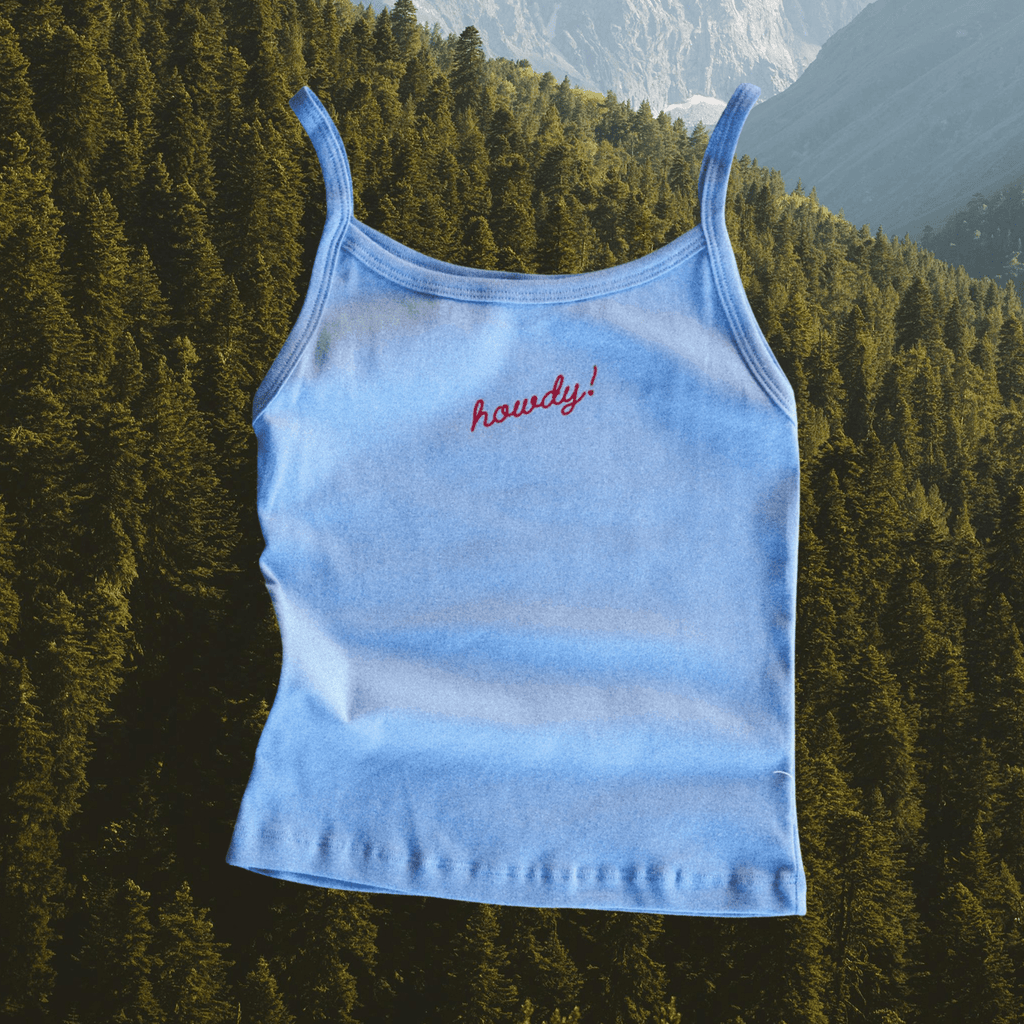 "Howdy!" Tank in Blue - Intrigue Ink Visit Bozeman, Unique Shopping Boutique in Montana, Work from Home Clothes for Women