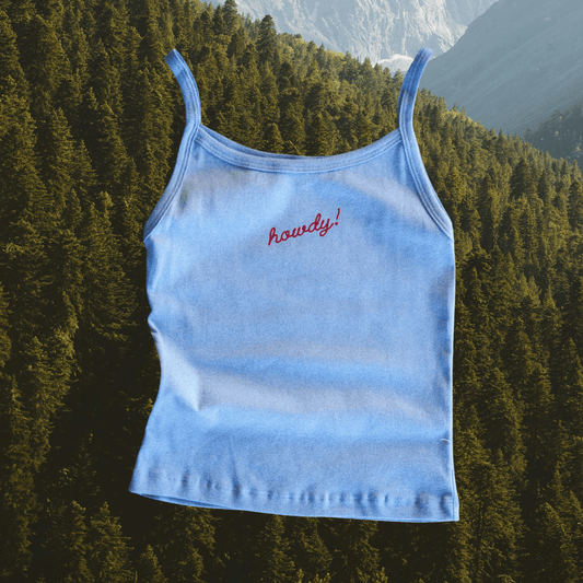 "Howdy!" Tank in Blue - Intrigue Ink Visit Bozeman, Unique Shopping Boutique in Montana, Work from Home Clothes for Women