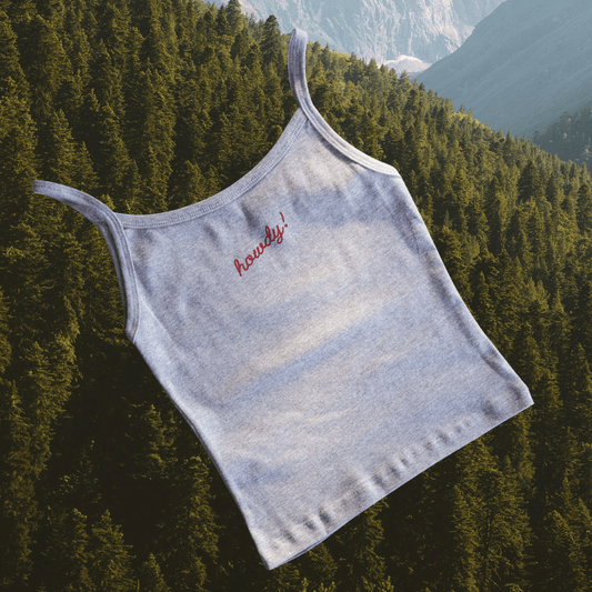 "Howdy!" Tank in Grey - Intrigue Ink Visit Bozeman, Unique Shopping Boutique in Montana, Work from Home Clothes for Women