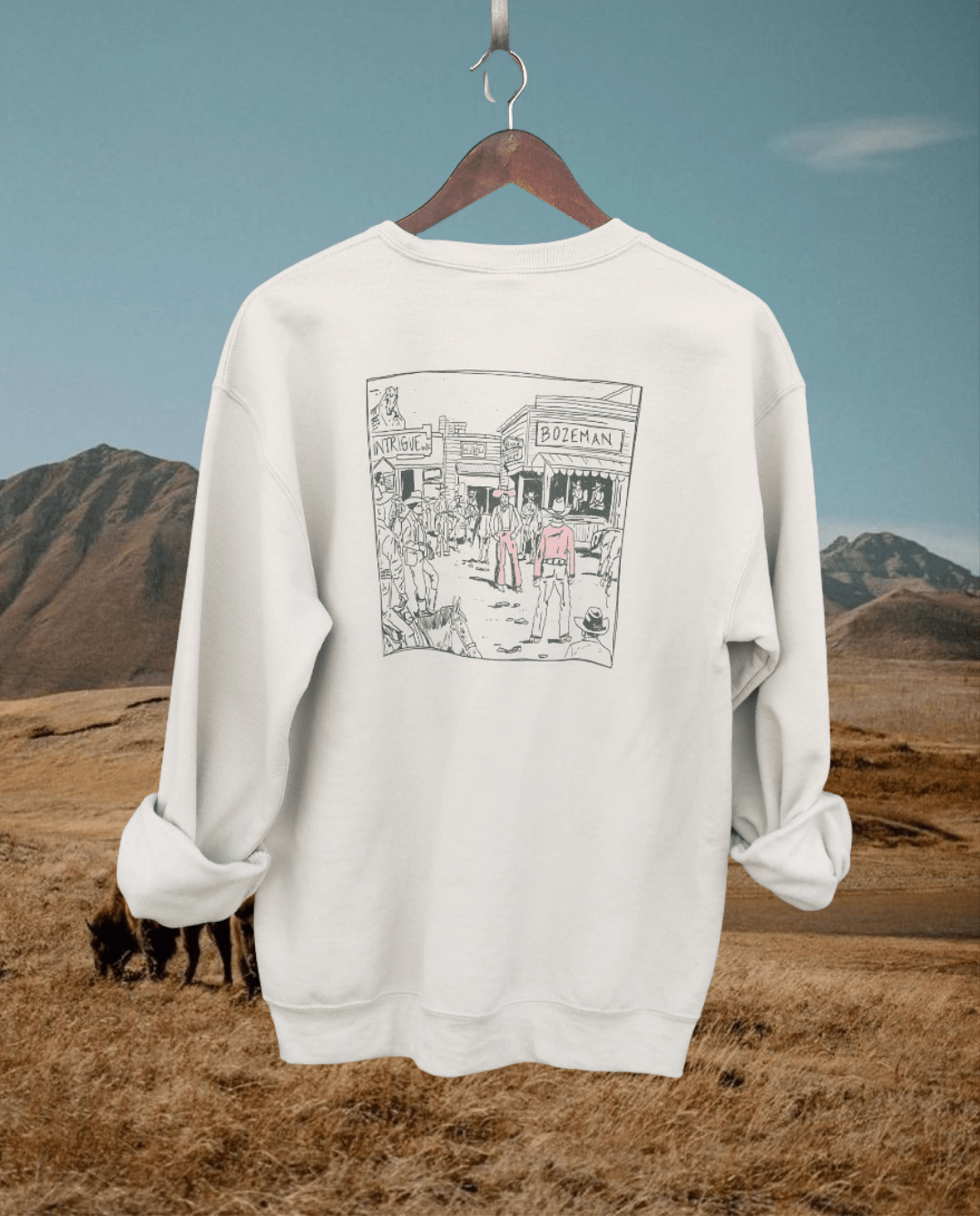 "Montana Standoff" Sweatshirt in Sand - Intrigue Ink Visit Bozeman, Unique Shopping Boutique in Montana, Work from Home Clothes for Women