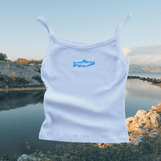 "Swims with the Fishes" White Tank - Intrigue Ink Visit Bozeman, Unique Shopping Boutique in Montana, Work from Home Clothes for Women