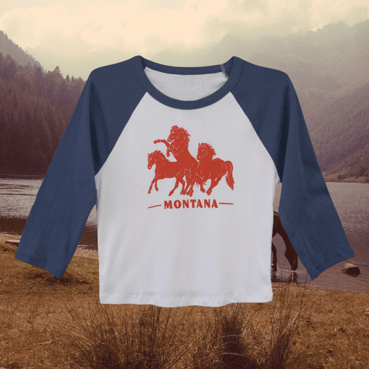 Horsepower Montana Navy Baseball Crop Tee - Intrigue Ink Visit Bozeman, Unique Shopping Boutique in Montana, Work from Home Clothes for Women