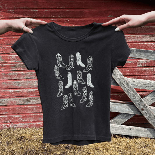 "Vintage Boots" Baby Tee - Intrigue Ink Visit Bozeman, Unique Shopping Boutique in Montana, Work from Home Clothes for Women