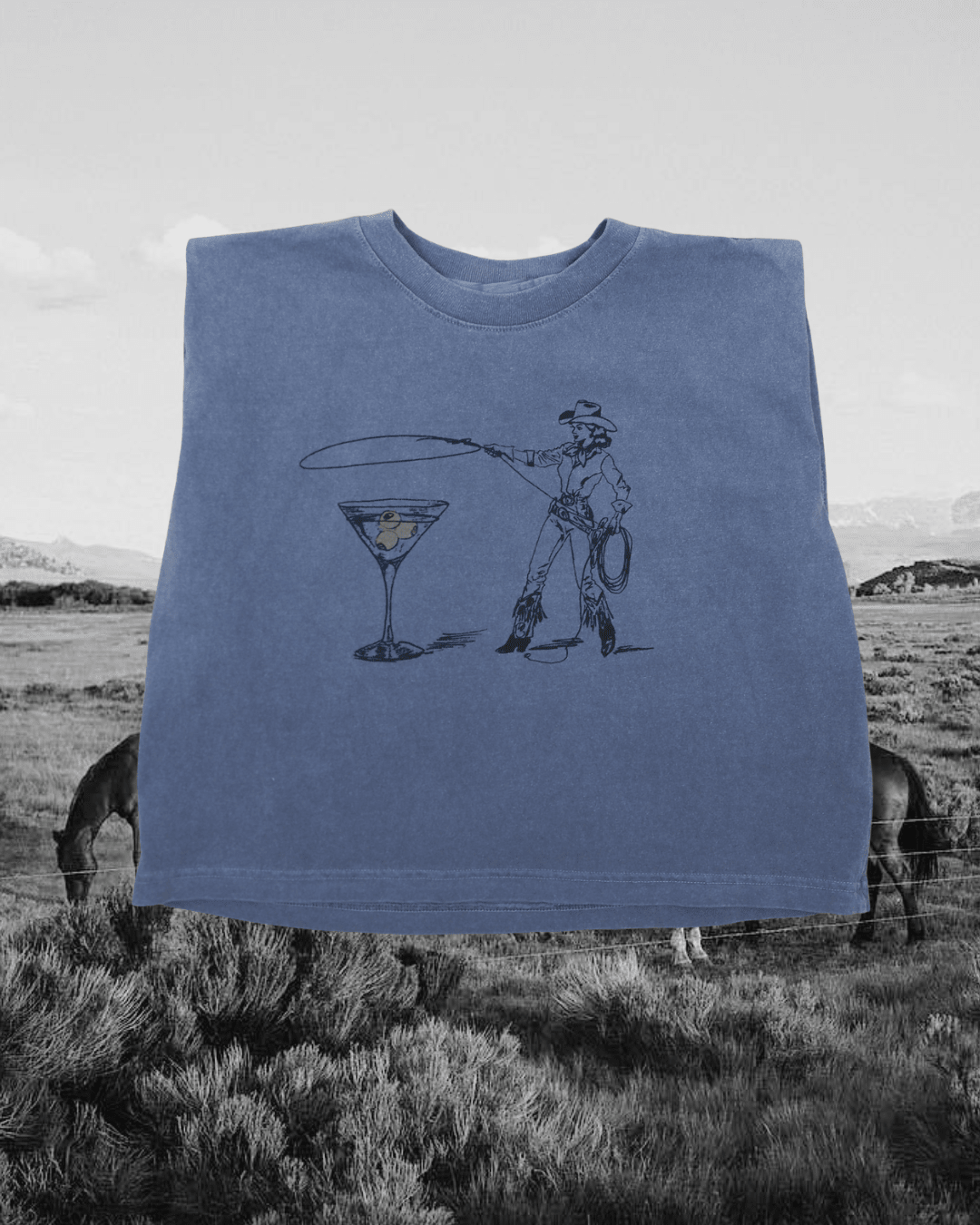 "Montana Martini" Muscle Tank in Blue - Intrigue Ink Visit Bozeman, Unique Shopping Boutique in Montana, Work from Home Clothes for Women