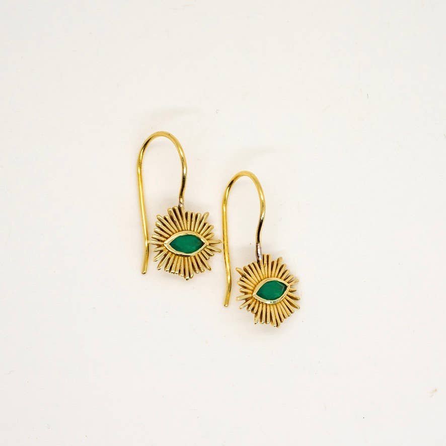 Brass Evil Eye Sunburst Earring - Green Onyx - Intrigue Ink Visit Bozeman, Unique Shopping Boutique in Montana, Work from Home Clothes for Women