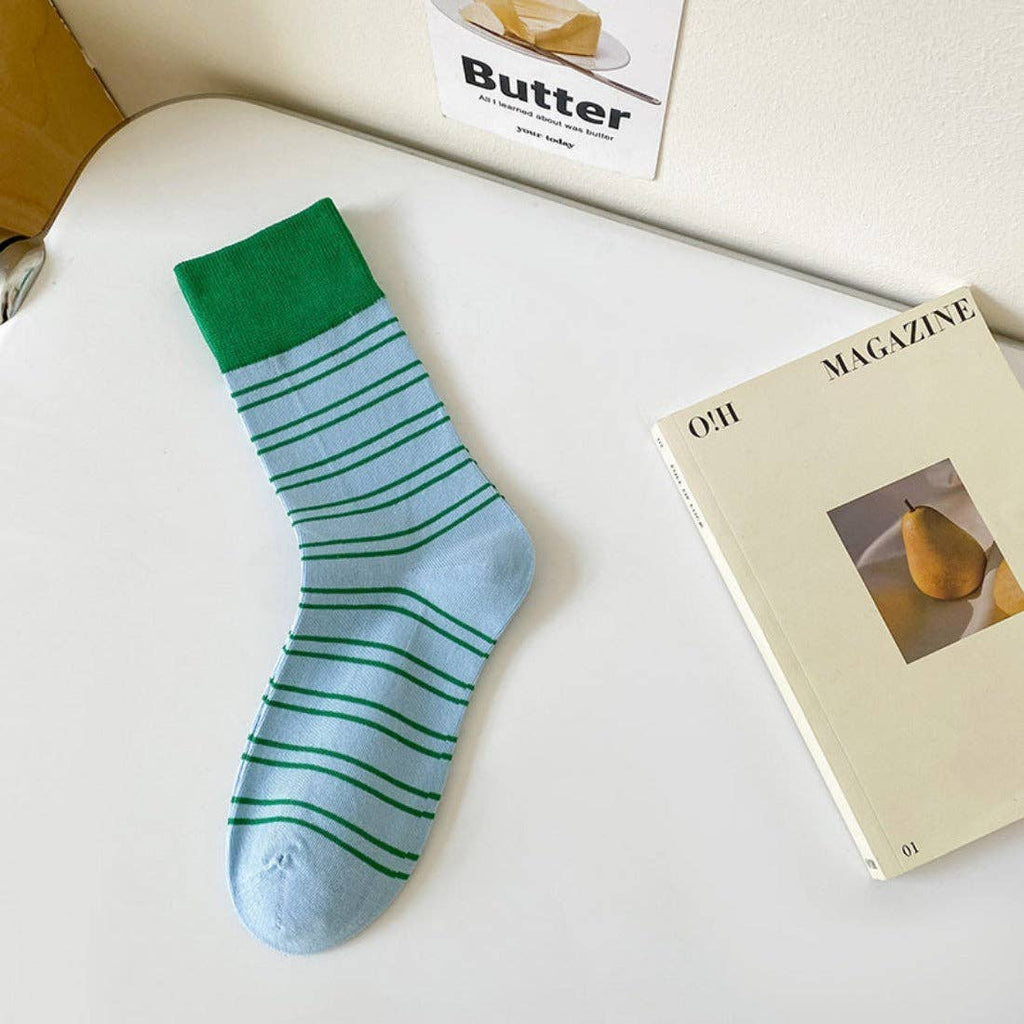 Rufia - Contrast Stripe Blue Socks - Intrigue Ink Visit Bozeman, Unique Shopping Boutique in Montana, Work from Home Clothes for Women