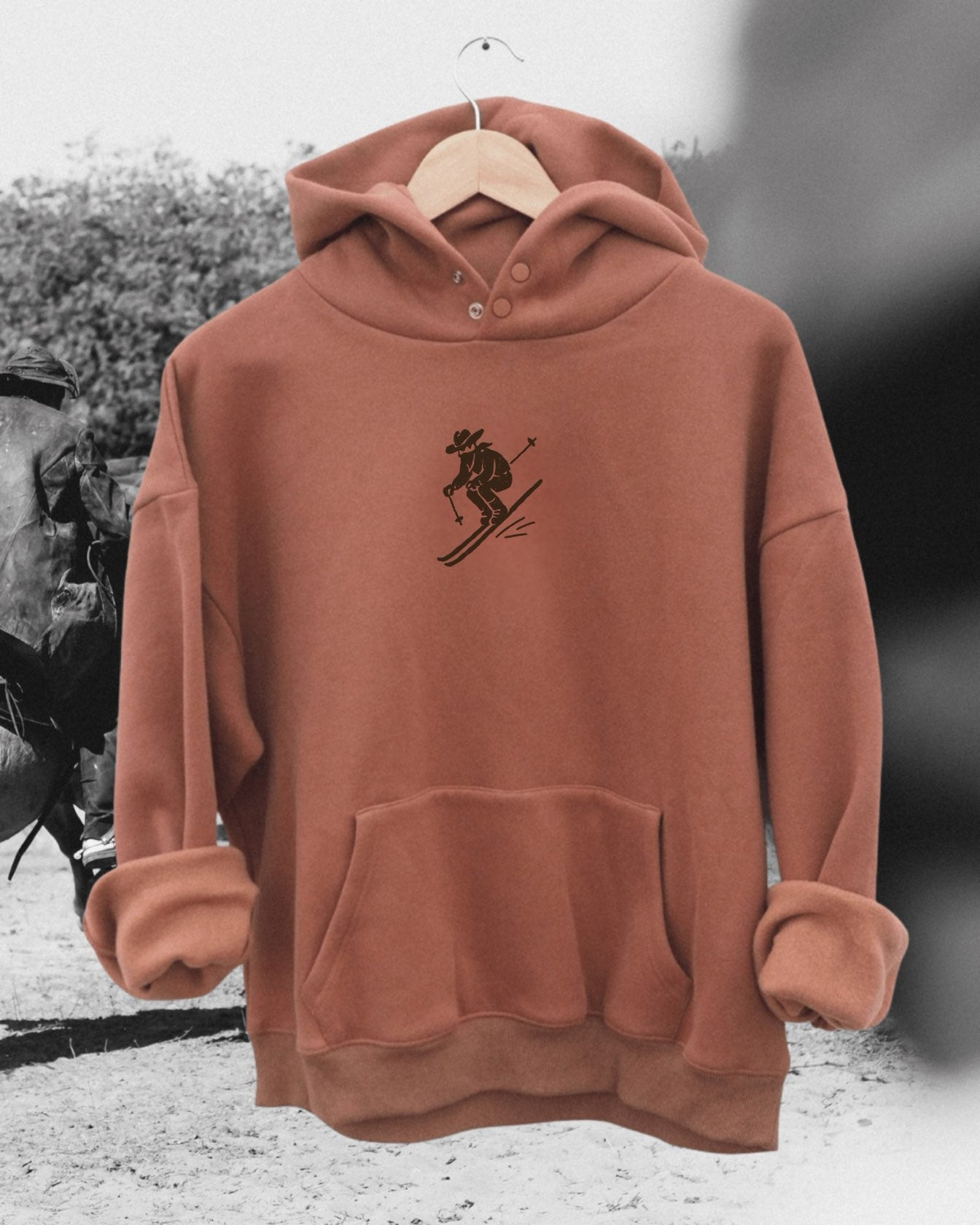 "Ski Cowboy" Latte Hoodie - Intrigue Ink Visit Bozeman, Unique Shopping Boutique in Montana, Work from Home Clothes for Women