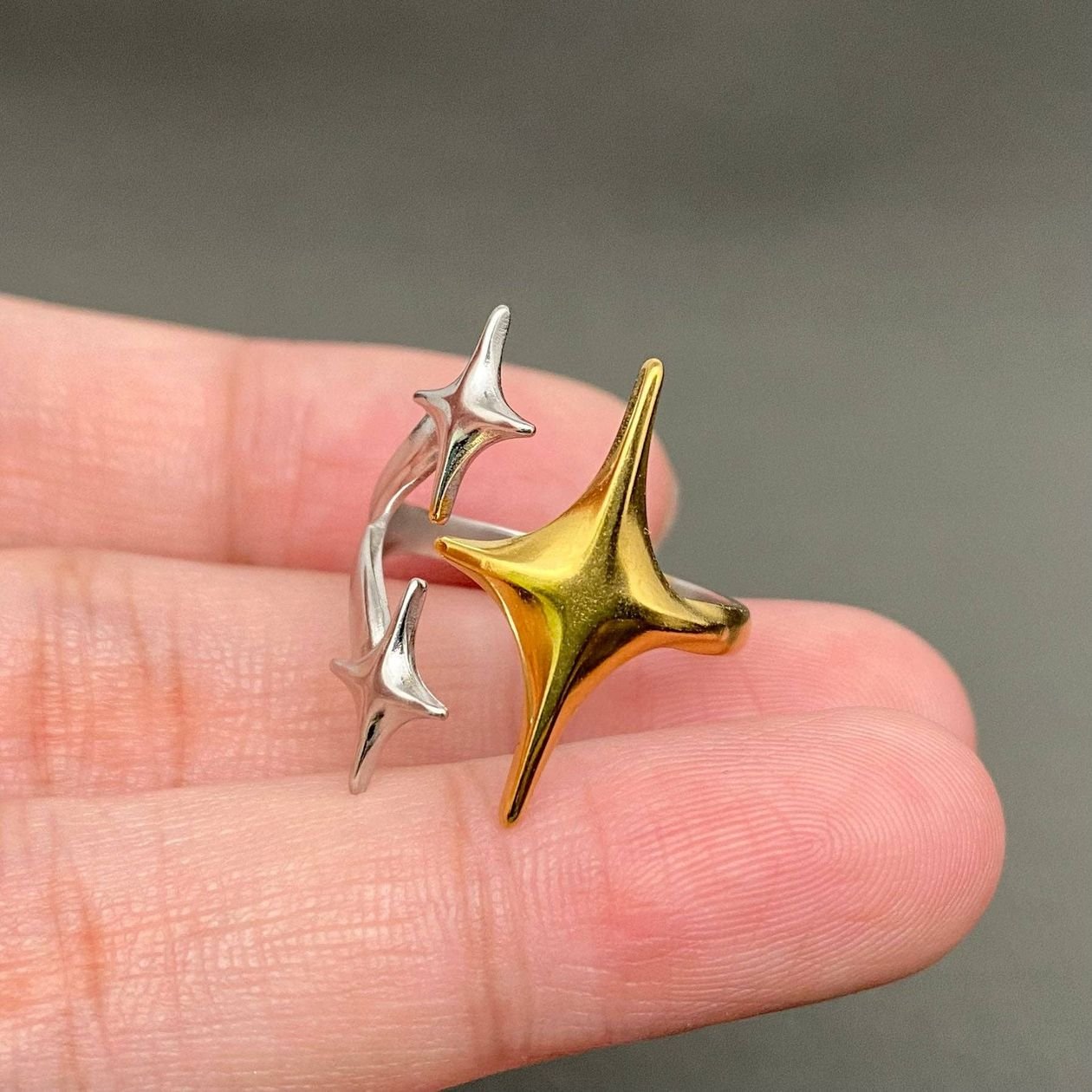 Two - Tone Three Stars 18K Golden Adjustable Ring - Intrigue Ink Visit Bozeman, Unique Shopping Boutique in Montana, Work from Home Clothes for Women