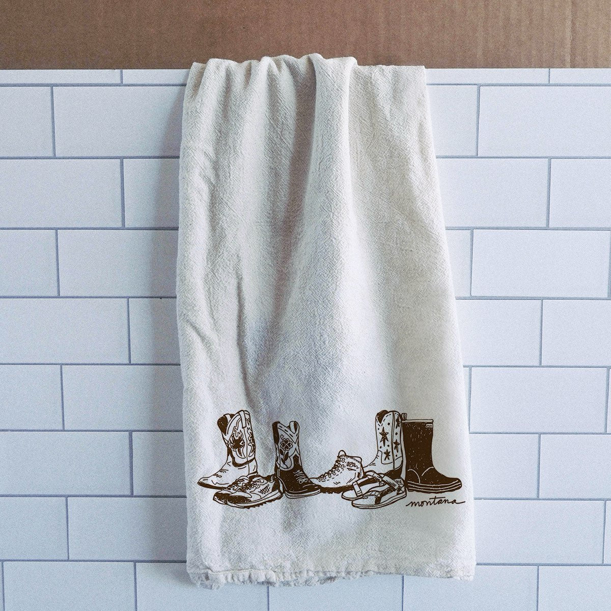 "Montana Footprint" Dish Towel - Intrigue Ink Visit Bozeman, Unique Shopping Boutique in Montana, Work from Home Clothes for Women