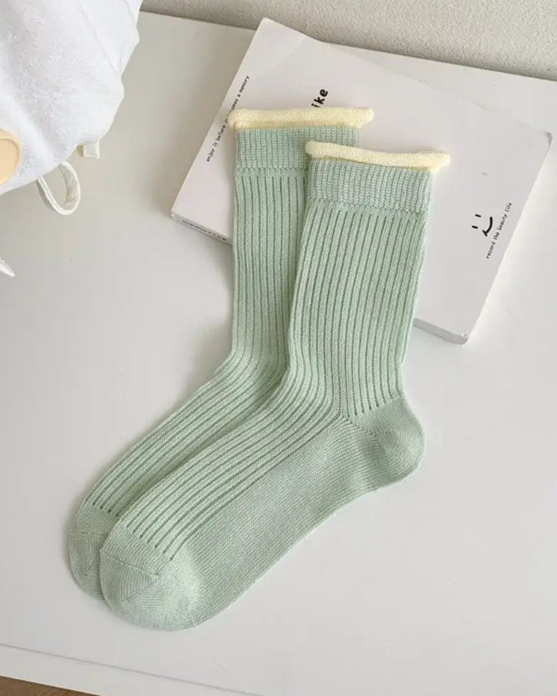 Rib Crew Socks - Mint/Yellow
