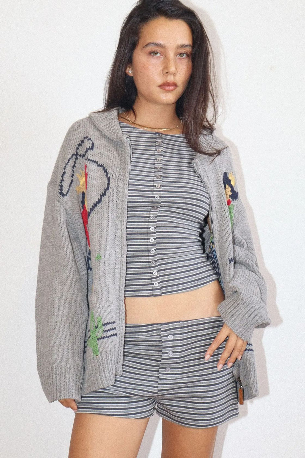 Cowgirl Knit Zip-Up Cardigan - Grey
